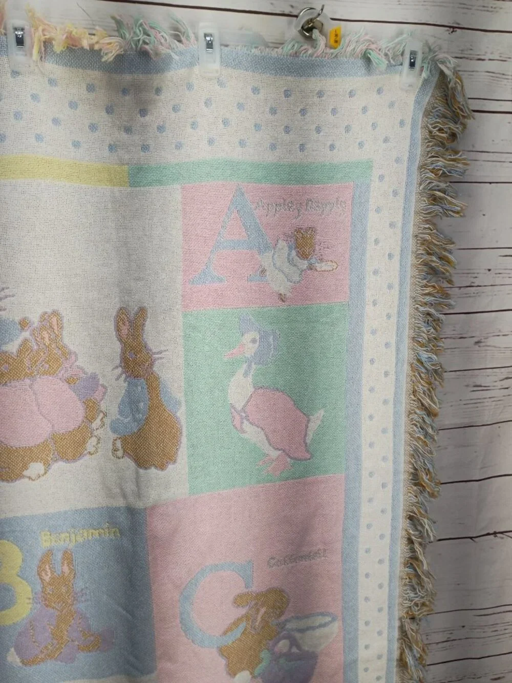 Beatrix Potter Quiltex Alphabet Baby Blanket Pastel Colors Fringe Edge 100% Cott